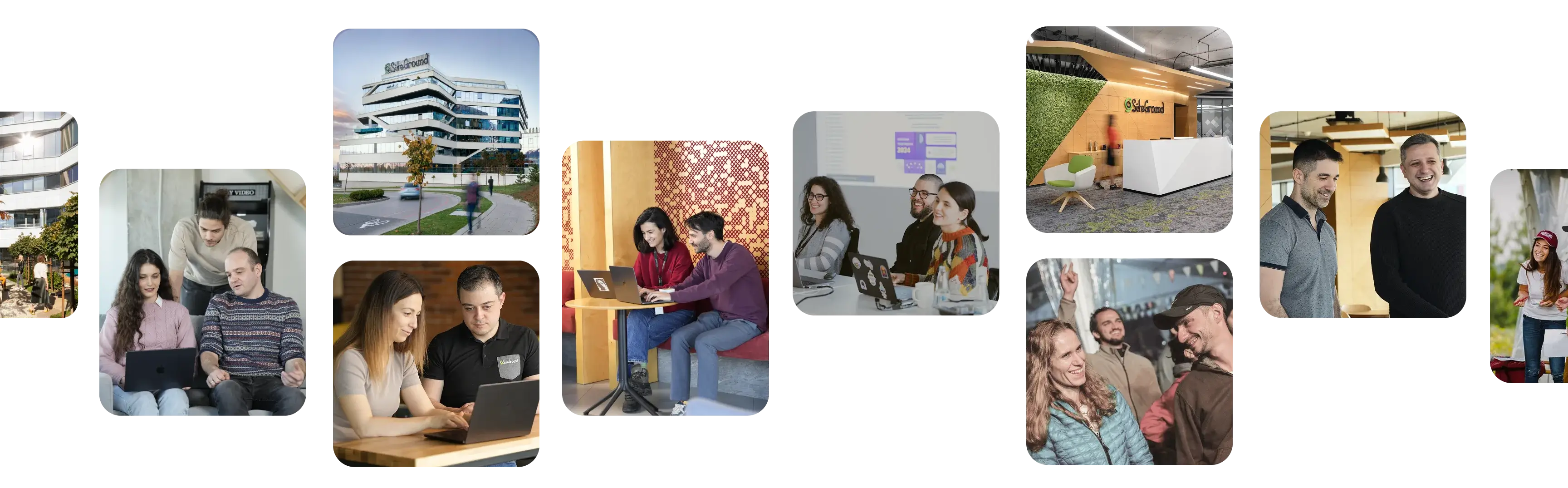 Membres de l'équipe SiteGround collaborant dans des bureaux modernes et se retrouvant lors d'événements sectoriels