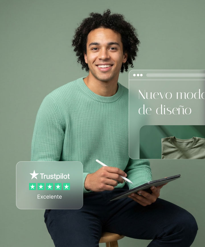 Un hombre sonriente de pelo rizado, vestido con un suéter verde, está sentado y sostiene un lápiz óptico sobre una tablet. Tiene una calificación de 