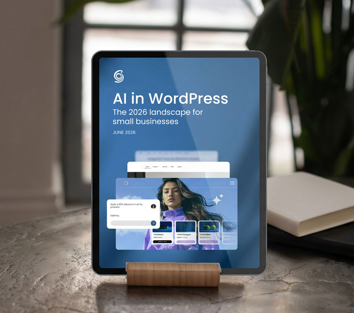 Report cover on a tablet: “AI in WordPress — The 2026 landscape for small businesses” (June 2026)