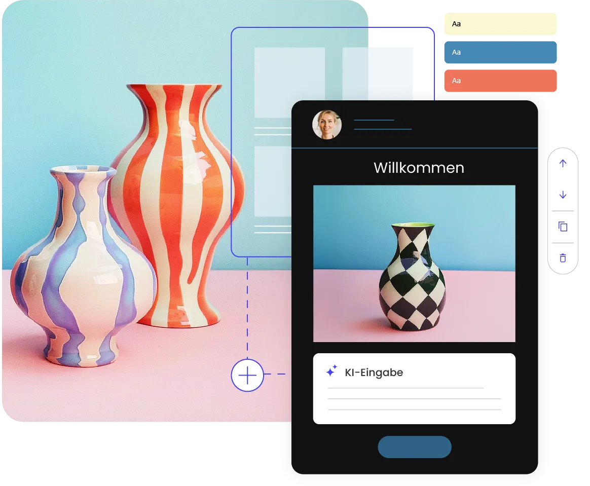 SiteGround No-Code-E-Mail-Builder mit einem KI-Prompt zur Erstellung einer Willkommens-E-Mail, anpassbaren Farbthemen und bunten Vasen im Hintergrund.