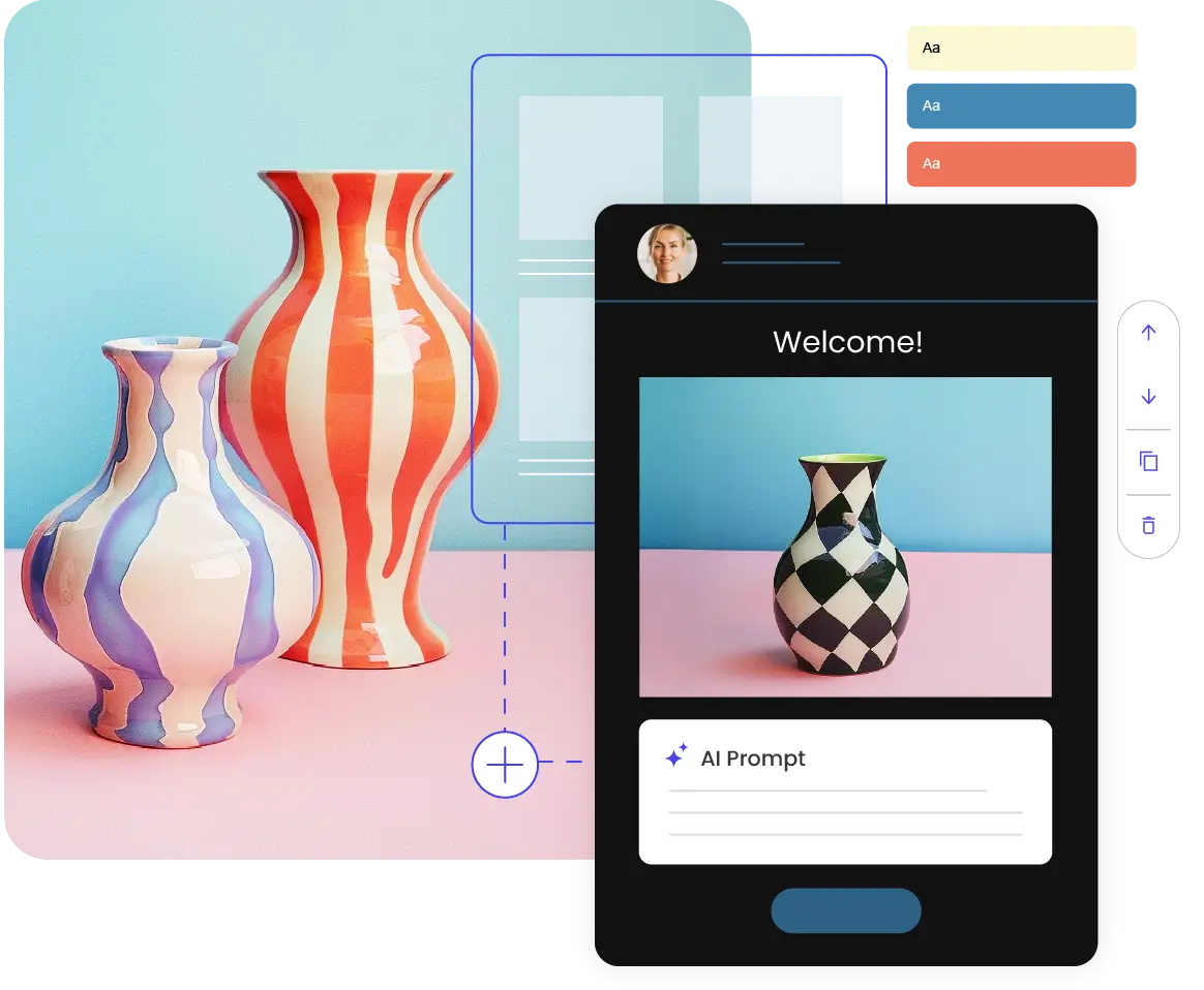 SiteGround no-code email builder showing an AI prompt for creating a welcome email, customizable color themes, and colorful vases in the background.