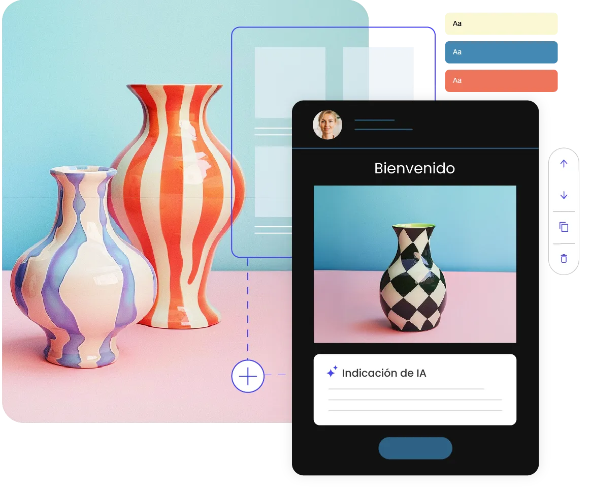 Editor de emails sin código de SiteGround que muestra la creación de un email de bienvenida con ayuda de IA, temas de color personalizables y un fondo decorado con jarrones de colores.