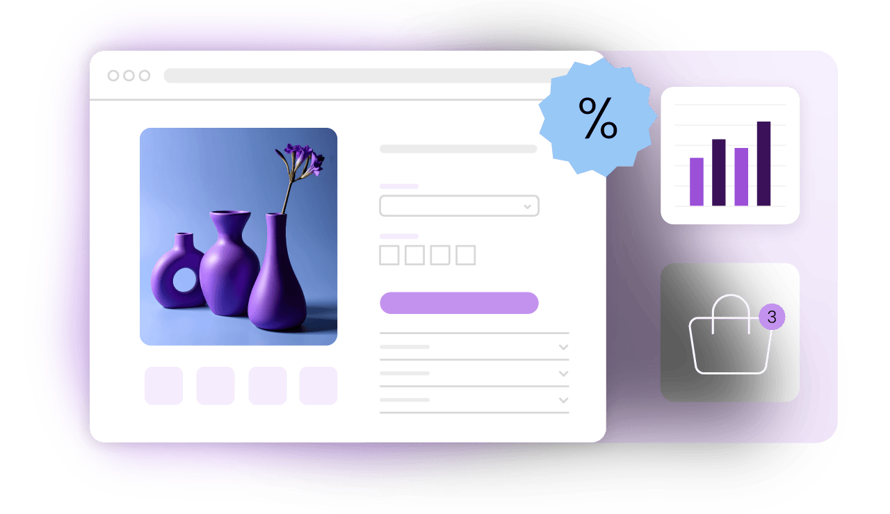 An e-commerce webpage featuring a product image of three purple vases with a flower arrangement, displayed on a light background. The page includes a form with fields for quantity, size, and other options, a percentage discount badge, a small bar chart showing sales data, and a shopping cart icon with a notification badge indicating 3 items. The design uses a purple and white color scheme.