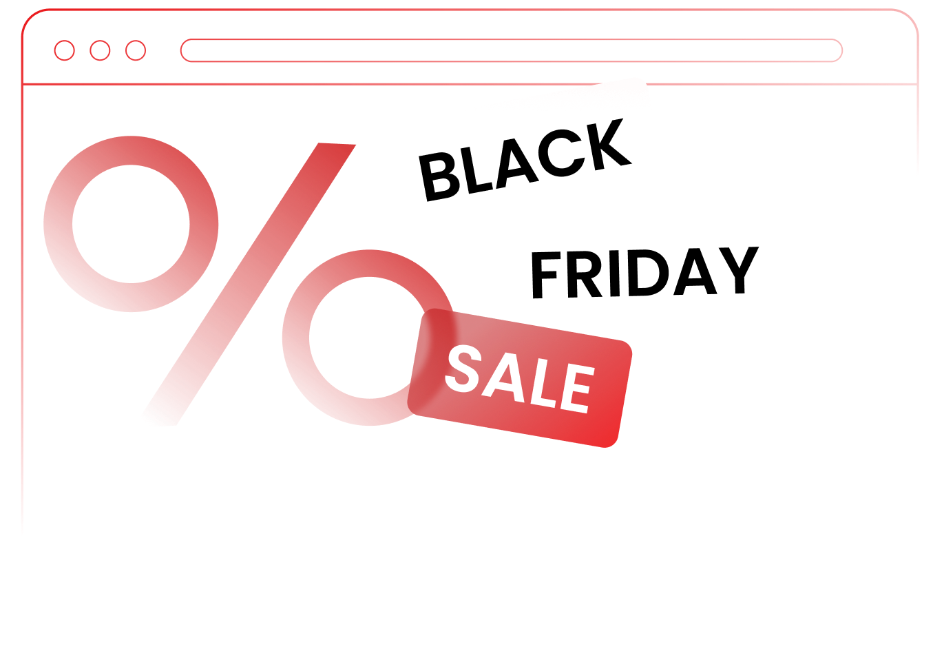 Illustration Black Friday Sale avec fenêtre de navigateur et symbole de pourcentage sur fond rouge