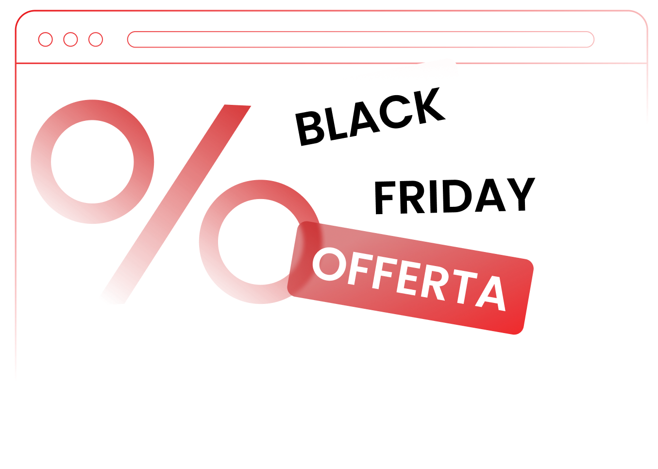 Illustrazione Black Friday Sale con finestra del browser e simbolo percentuale su sfondo rosso