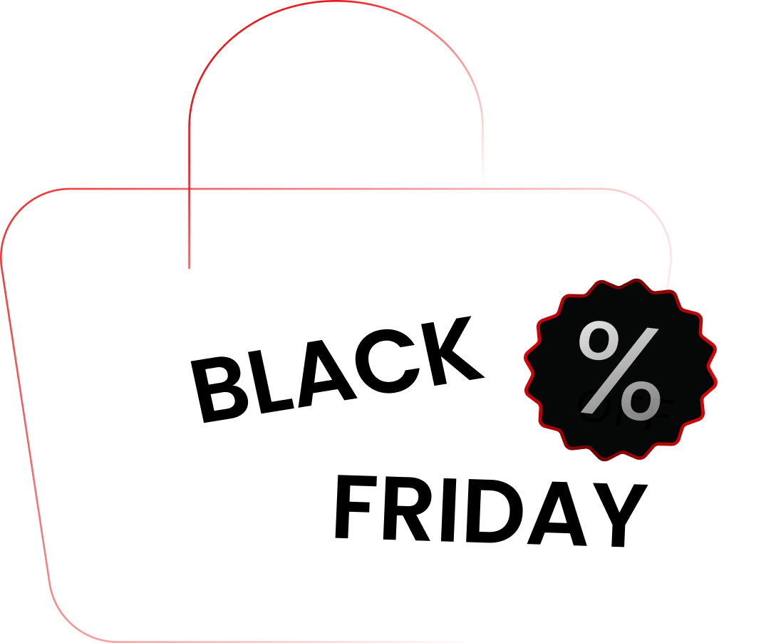 Ilustración de Black Friday Sale con icono de bolsa de compras e insignia de porcentaje sobre fondo rojo