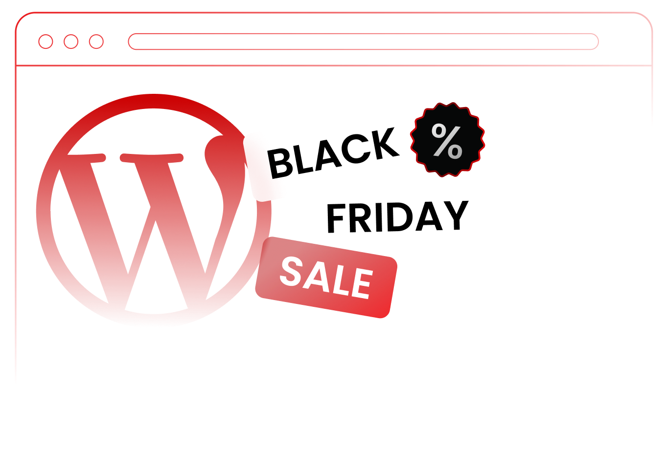Black Friday Sale illustration with WordPress logo and percentage badge on red background