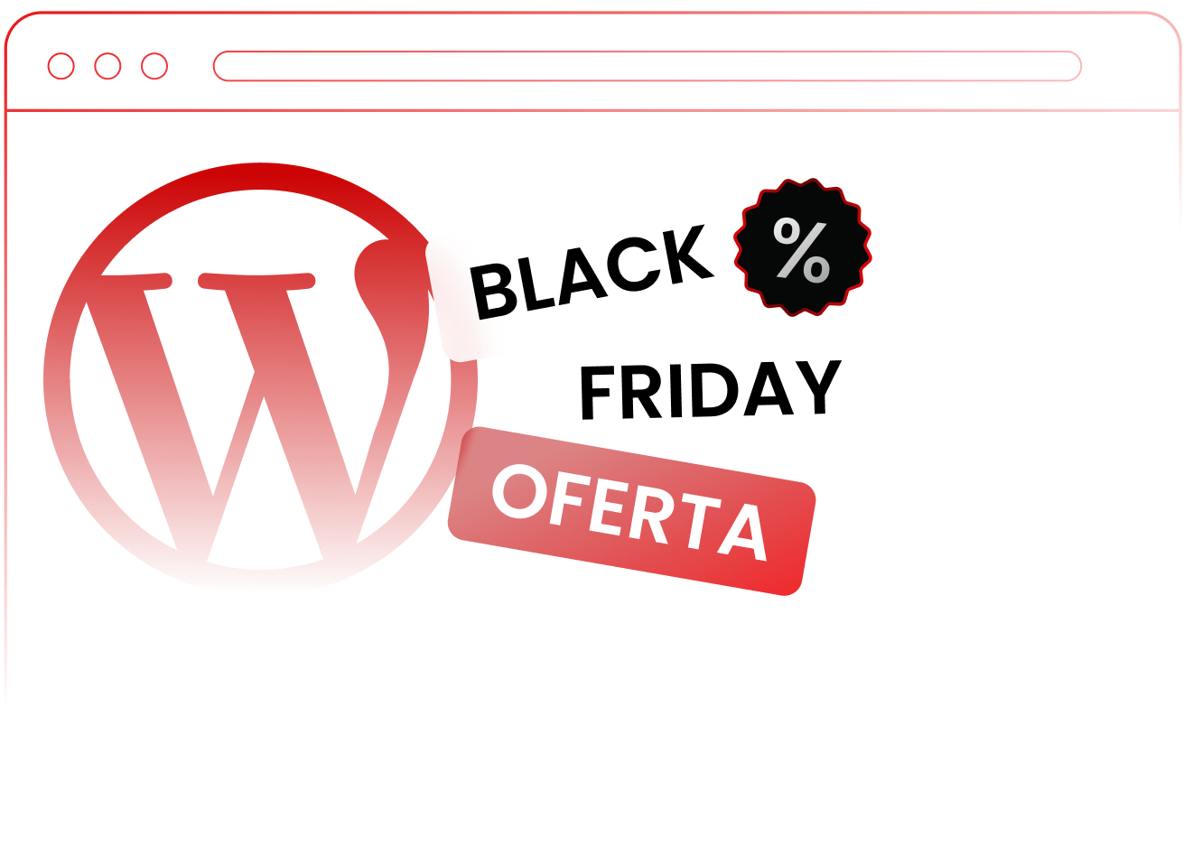 Ilustración de Black Friday Sale con logo de WordPress e insignia de porcentaje sobre fondo rojo