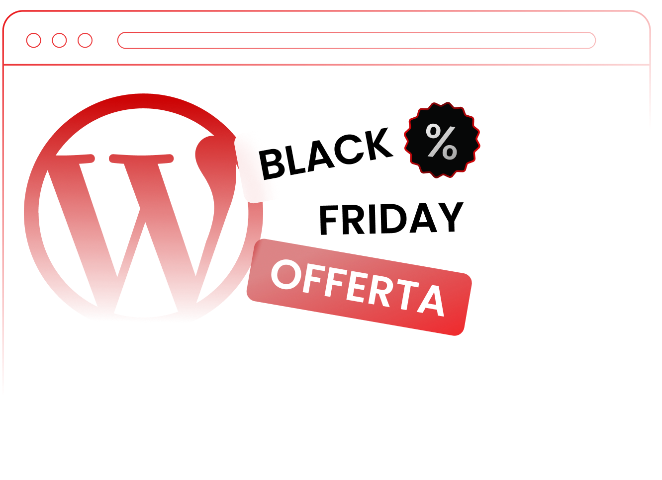 Illustrazione Black Friday Sale con logo WordPress e badge percentuale su sfondo rosso