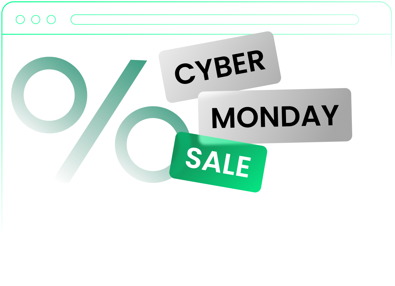 Cyber Monday Sale Illustration mit Browserfenster und Prozentzeichen auf einem blau-grünen Farbverlaufhintergrund
