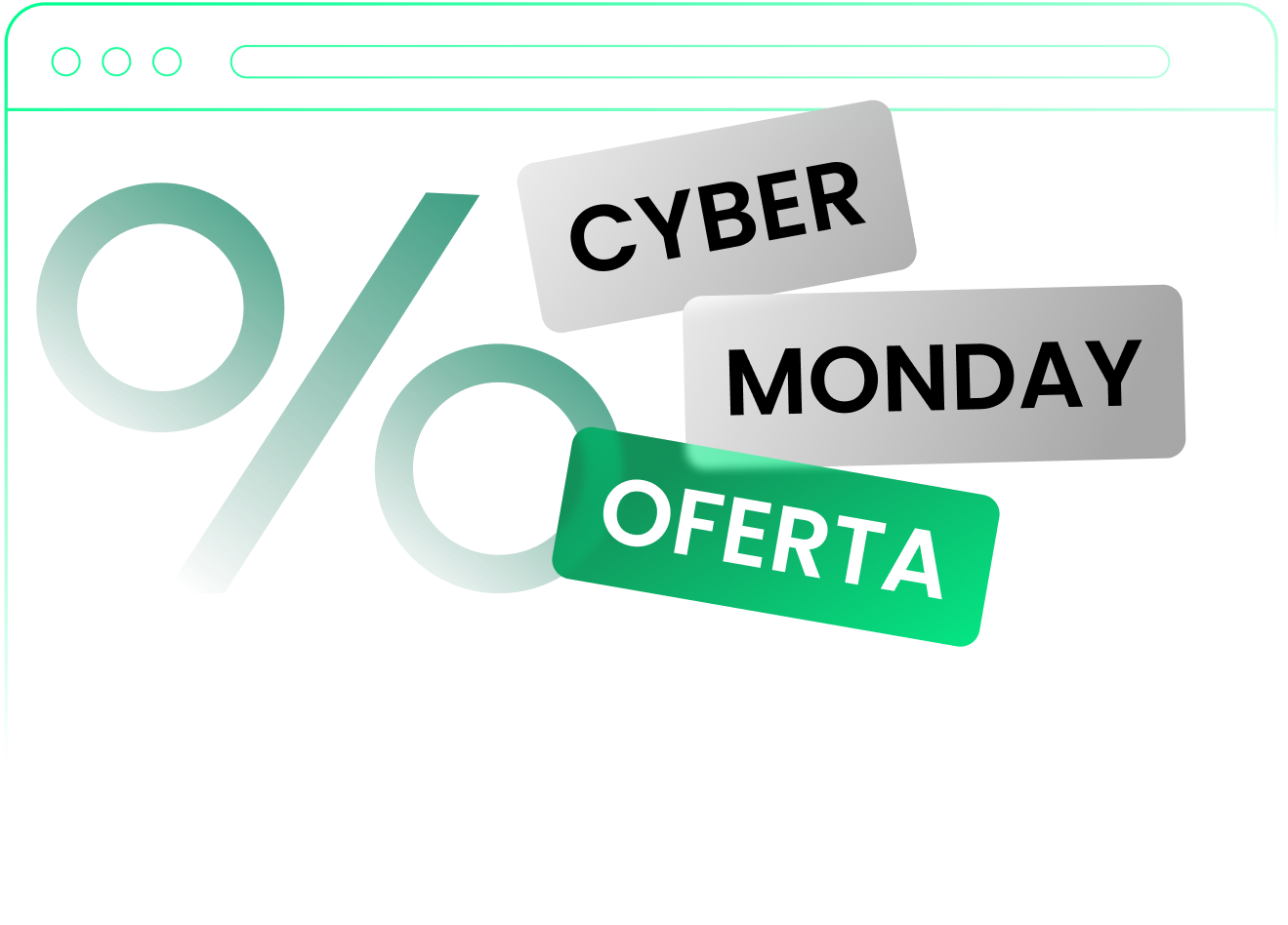 Ilustración de oferta de Cyber Monday con ventana del navegador y símbolo de porcentaje sobre un fondo degradado azul-verde