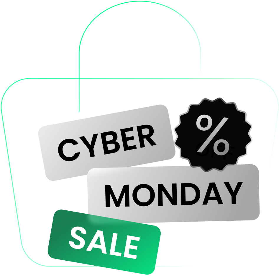 Cyber Monday Sale illustration with shopping bag icon and percentage badge on a gradient blue-green background
