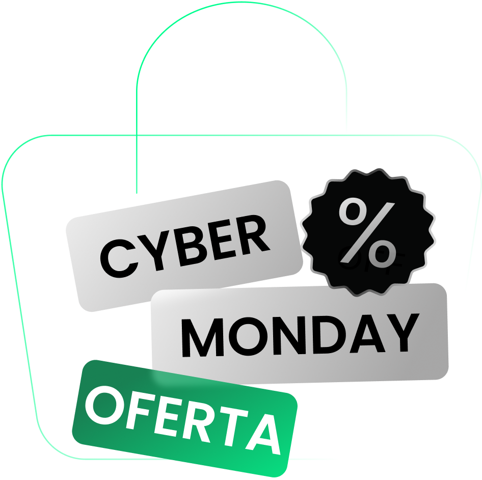 Ilustración de oferta de Cyber Monday con icono de bolsa de compras y distintivo de porcentaje sobre un fondo degradado azul-verde