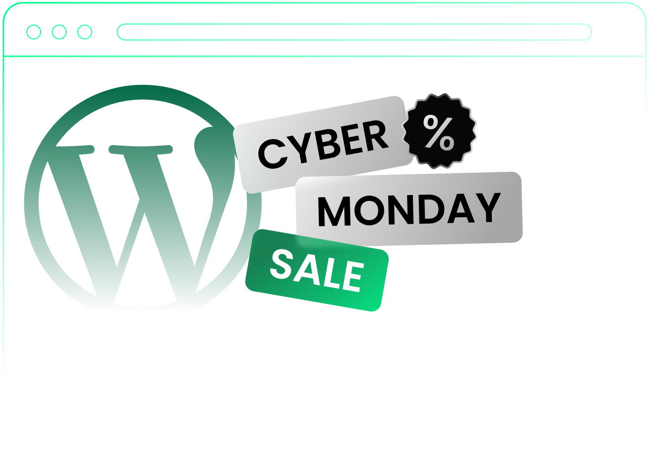 Cyber Monday Sale illustration with WordPress logo and percentage badge on a gradient blue-green background