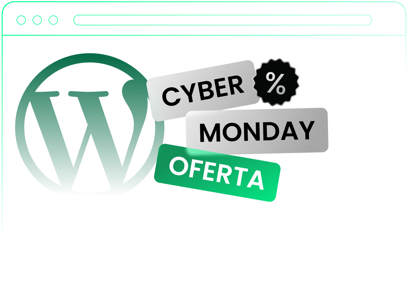 Ilustración de oferta de Cyber Monday con el logo de WordPress y distintivo de porcentaje sobre un fondo degradado azul-verde