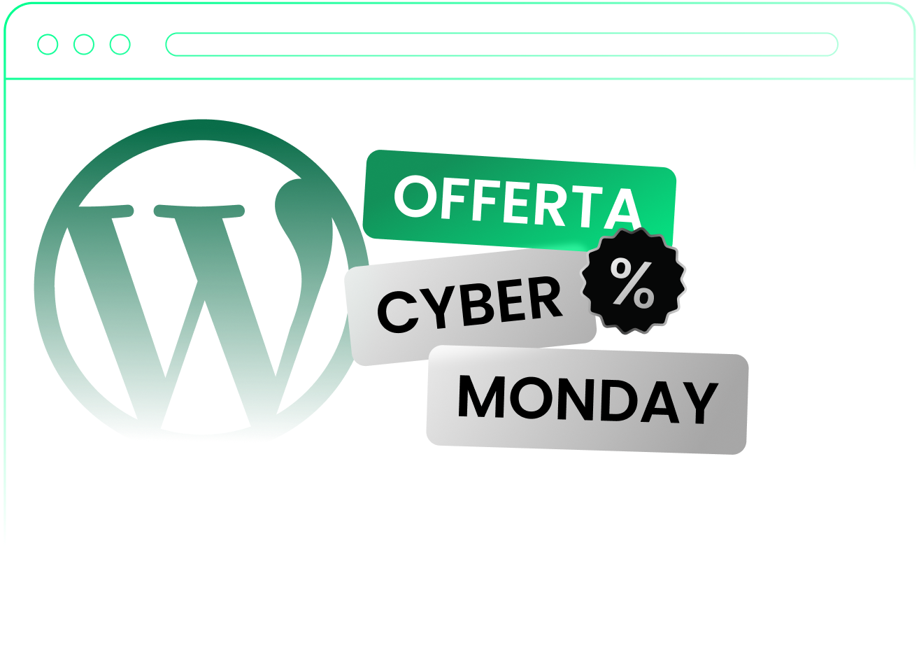 Illustrazione della svendita del Cyber Monday con il logo di WordPress e badge percentuale su uno sfondo sfumato blu-verde