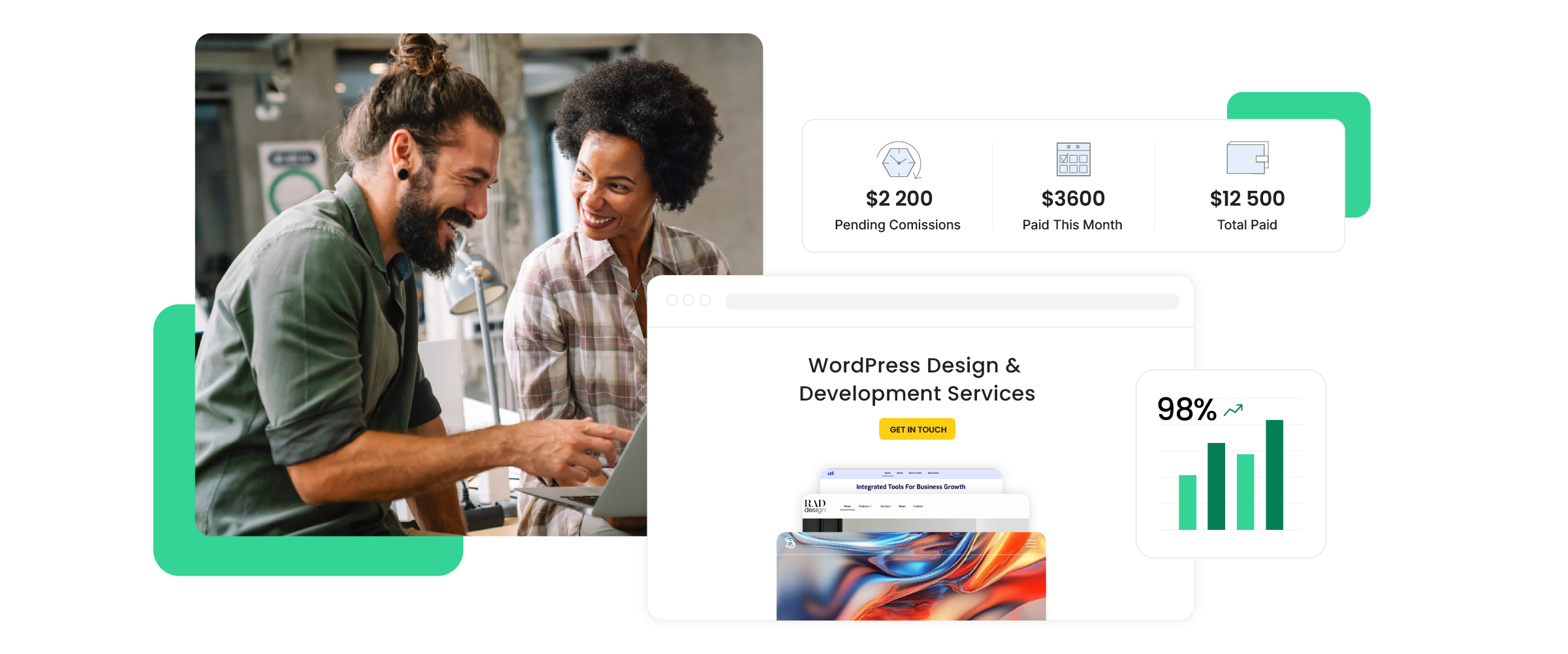 Dos colegas trabajando juntos en un portátil, rodeados de gráficos con estadísticas de comisiones y una página de una agencia de diseño web.