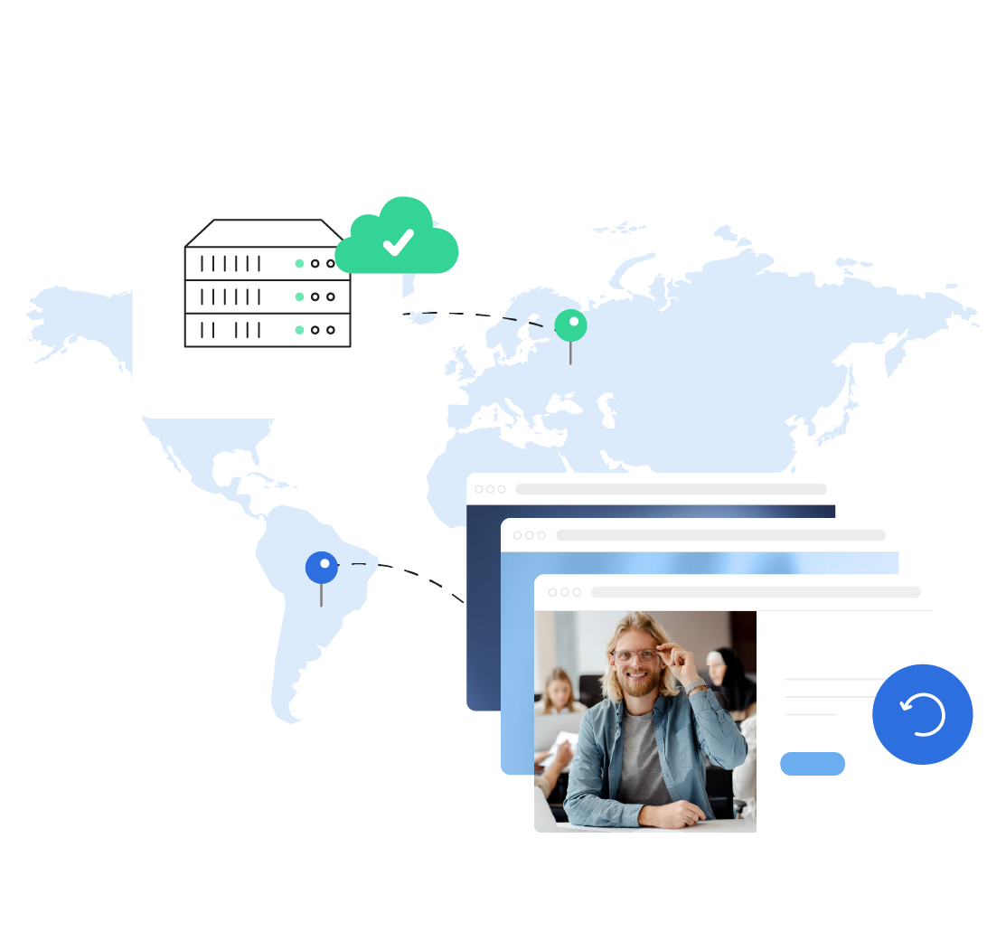 Un mapa del mundo que ilustra una red de servidores, con servidores que se conectan a las ventanas del navegador de los usuarios, indicando la copia de seguridad de sus sitios web.