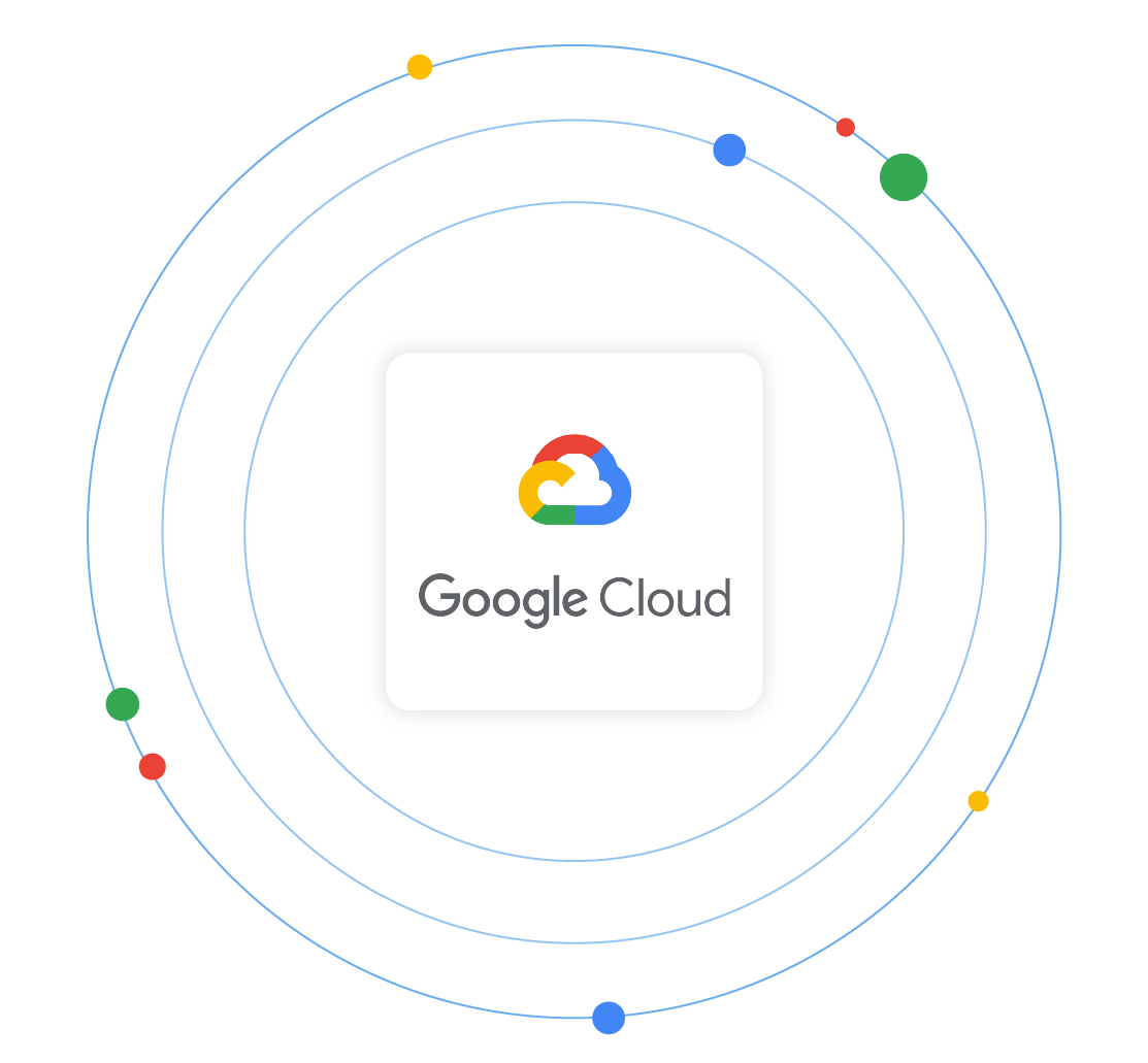 El logotipo de Google Cloud en el centro de círculos en órbita con puntos coloridos, representando una red.