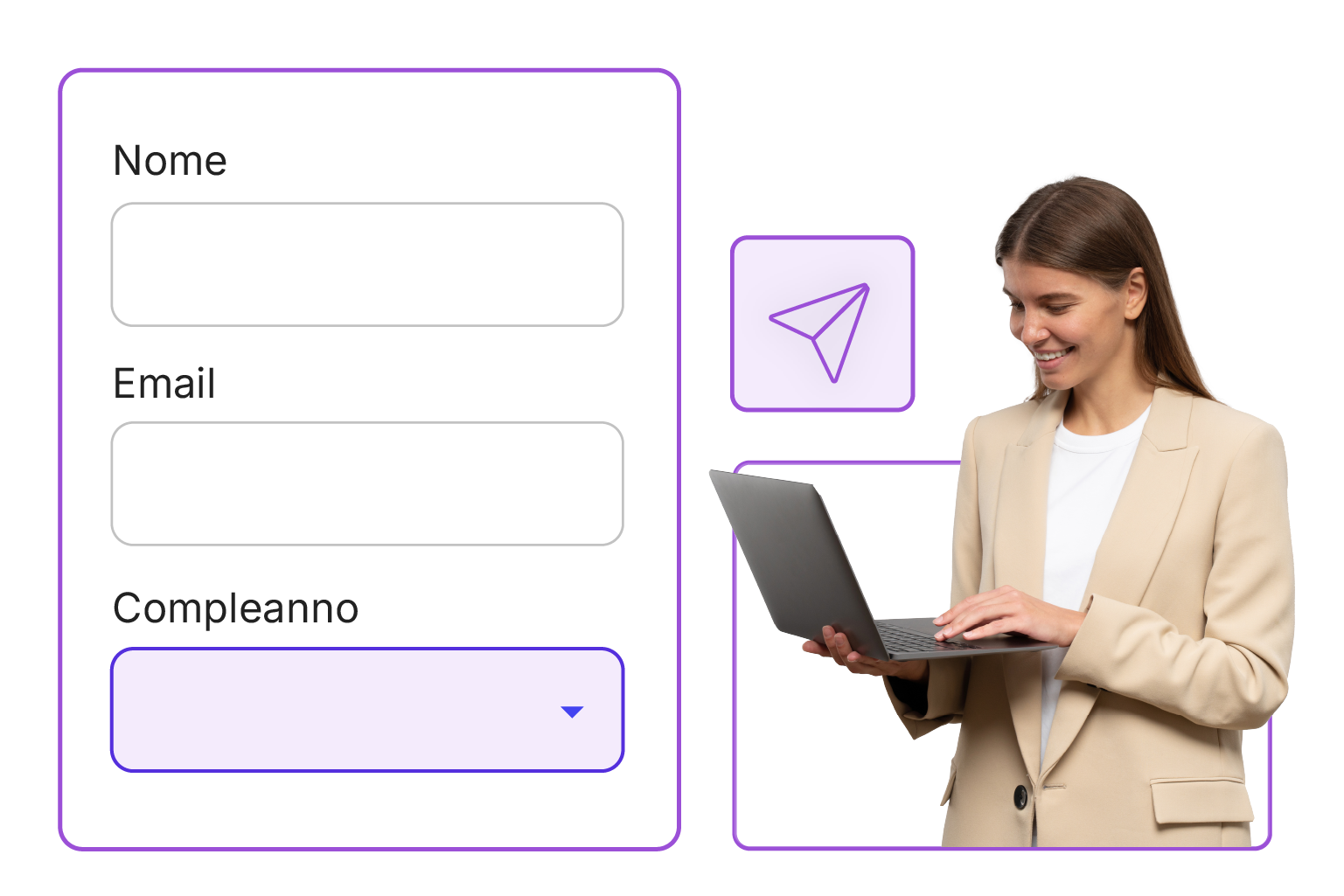 Persona che gestisce un modulo di iscrizione email su un laptop con campi relativi a nome, email e data di nascita