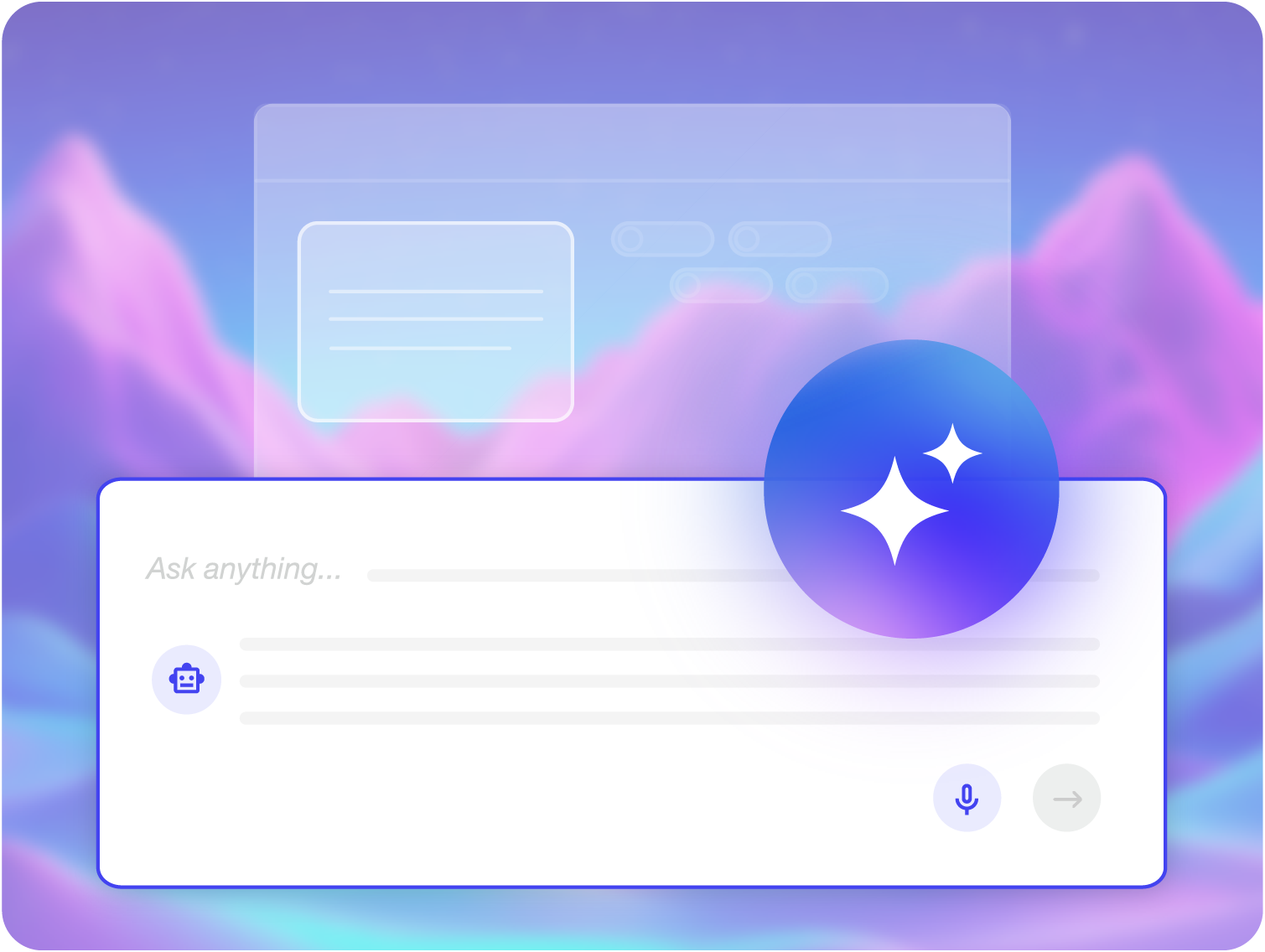 Illustration d'une interface de chat IA avec des étincelles lumineuses, superposée à un fond flou représentant une montagne néon.