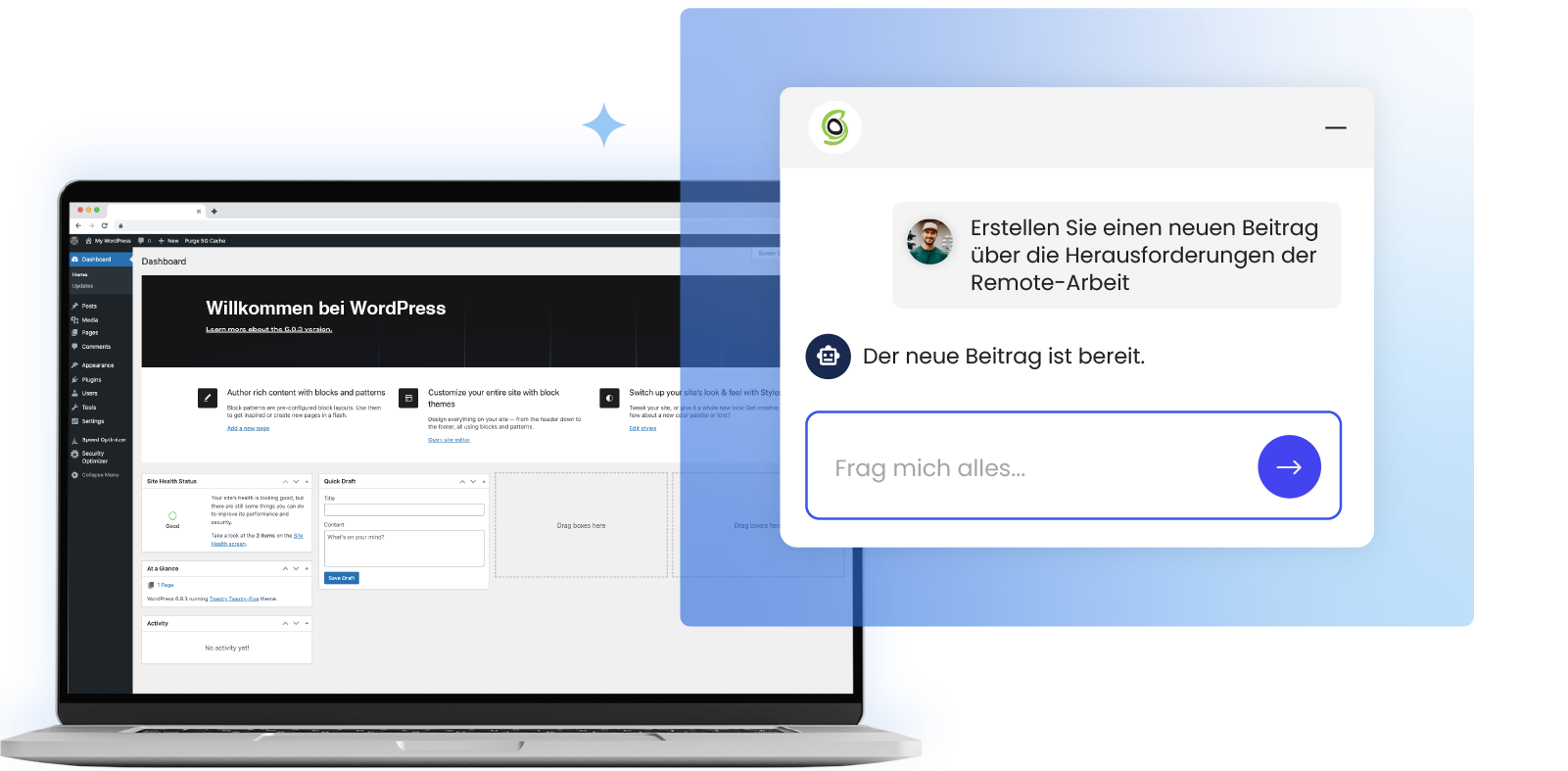 Ein Laptop zeigt auf der linken Seite ein WordPress-Dashboard und auf der rechten Seite ein Chat-Fenster mit dem AI Agent für WordPress, der bestätigt: „Der neue Beitrag ist fertig