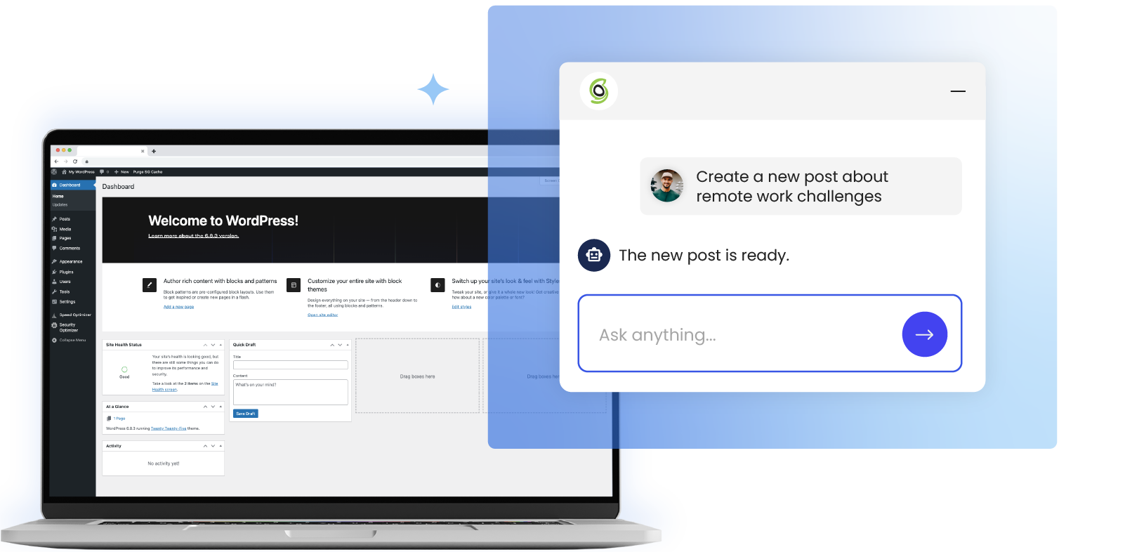 A laptop displays a WordPress dashboard on the left, while on the right, a chat window shows the AI Agent for WordPress confirming 