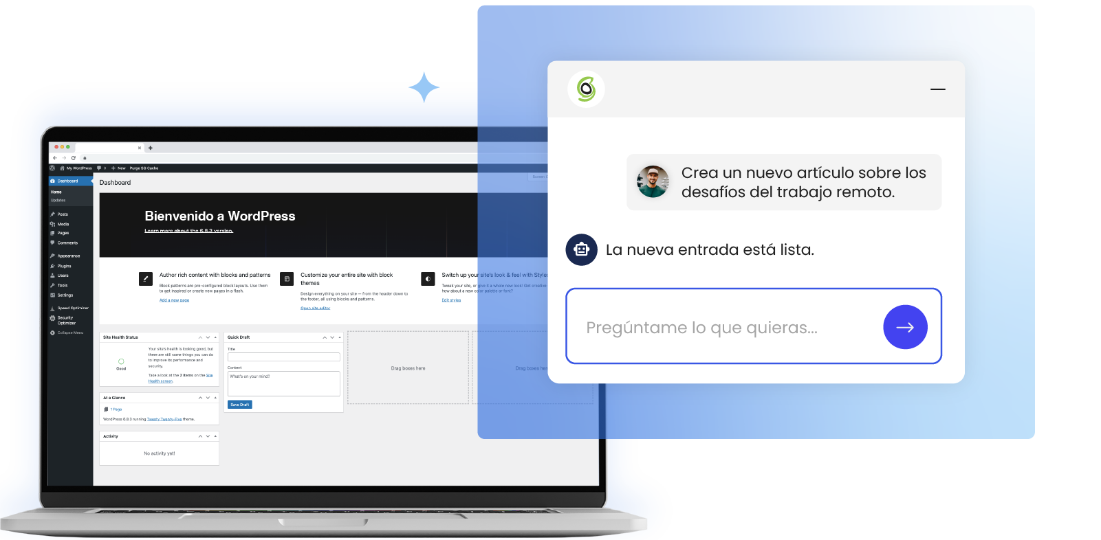 Un portátil muestra el panel de control de WordPress a la izquierda, mientras que a la derecha, una ventana de chat muestra al Agente de IA para WordPress confirmando: “La nueva entrada está lista” después de que un usuario solicitara: “Crea una nueva entrada sobre los retos del trabajo en remoto”.
