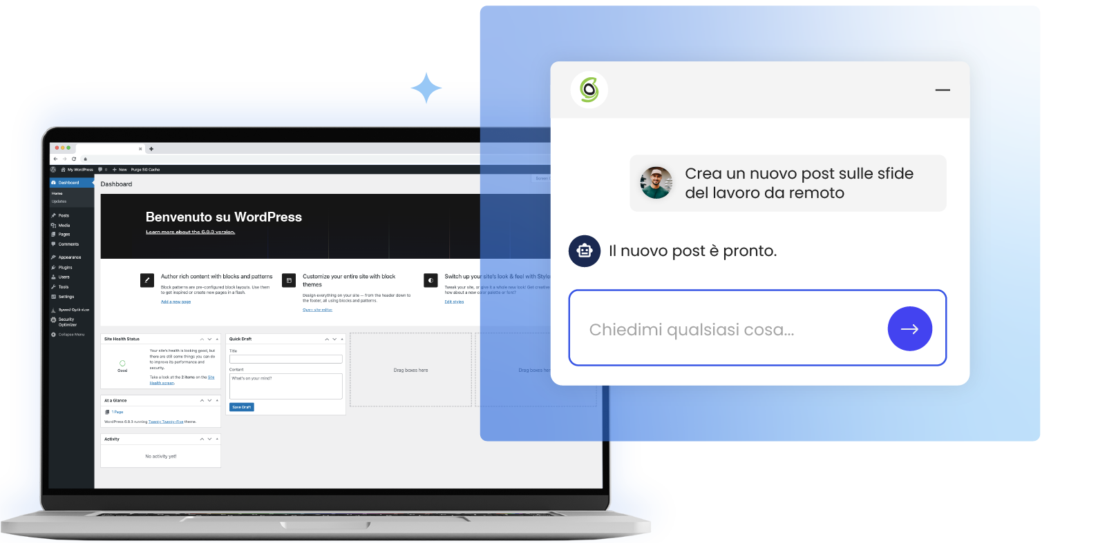 Un laptop mostra la dashboard di WordPress sulla sinistra, mentre sulla destra una finestra di chat mostra l'agente IA per WordPress che conferma 