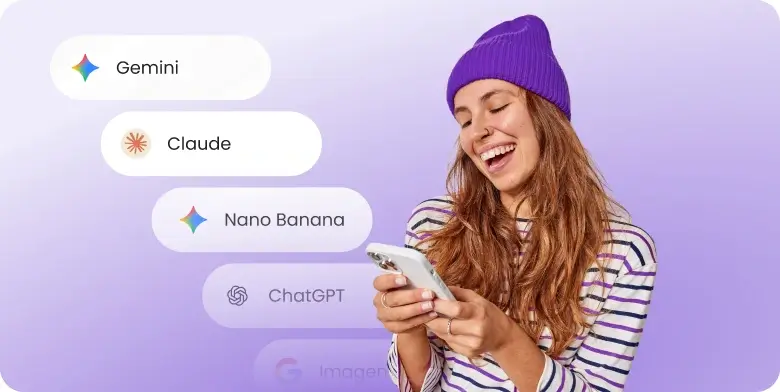 A smiling woman using her smartphone, surrounded by floating icons for Gemini, Claude, Nano Banana, and ChatGPT, highlighting easy access to diverse AI models.