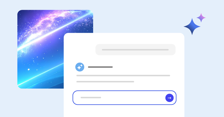 An abstract digital illustration featuring a vibrant, glowing galaxy or nebula with bright blues, purples, and white light streaks, next to a clean, chat-style text input interface.