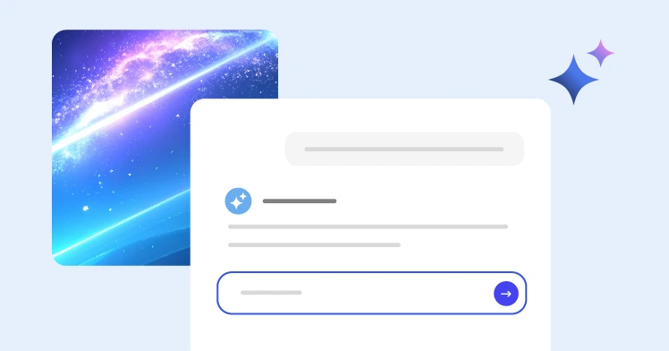 An abstract digital illustration featuring a vibrant, glowing galaxy or nebula with bright blues, purples, and white light streaks, next to a clean, chat-style text input interface.
