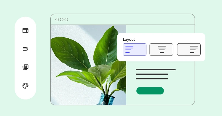 A digital design interface showing a plant image on the left and content on the right. A pop-up menu for “Layout” is open, highlighting the vertical split (image/text) option.