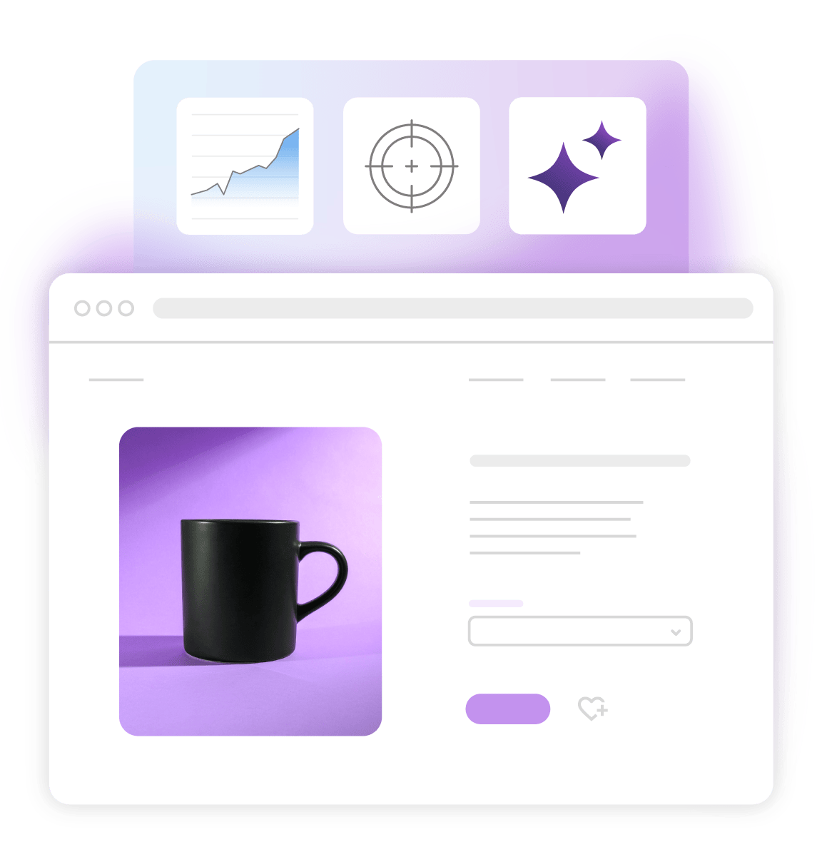 An e-commerce webpage featuring a product image of a black mug against a purple background, displayed on a light interface. The page includes a form with fields for product details and a dropdown menu, along with buttons for adding to cart and favoring. Above the page, there are icons for a line graph, a target, and two purple stars, suggesting analytics, goals, and ratings. The design uses a purple and white color scheme.