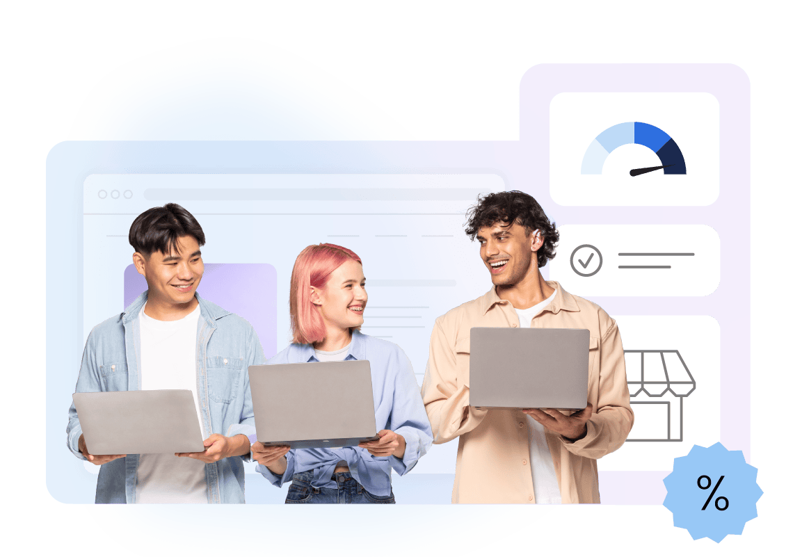 An image featuring three smiling individuals holding laptops, set against a light background with a stylized webpage interface. The scene includes a speedometer icon, a checklist with a checkmark, and a store icon, suggesting performance metrics and e-commerce. A percentage discount badge is visible in the bottom right corner. The design uses a purple and blue color scheme.