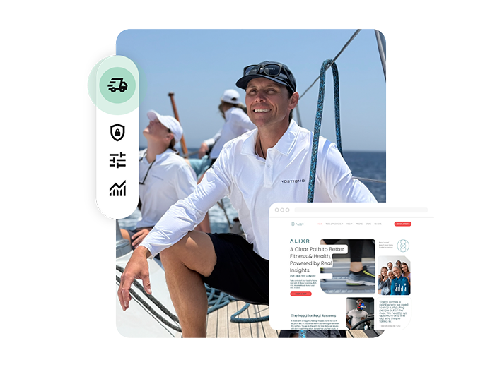 Smiling man in a white shirt kneeling on a yacht, gazing at the sea, browser overlay of his website at the bottom right and a menu of four icons on the left.
