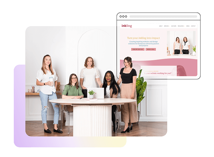 Four women around a round table with a laptop, with a browser overlay of their website in the top-right corner.