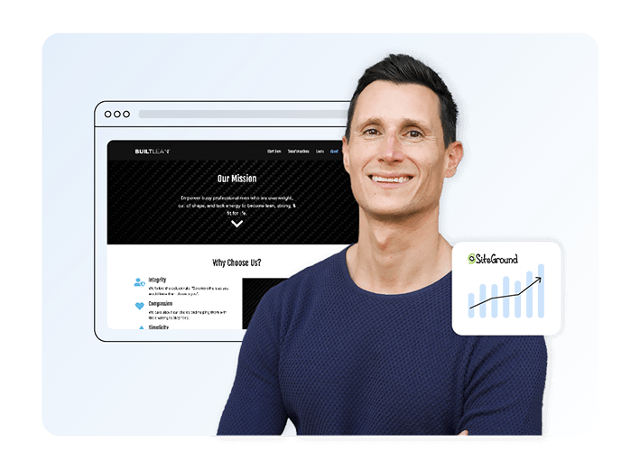 A man in a dark blue shirt, with background images showing a browser overlay of his agency's website on the left and a chart showing steady growth on the right