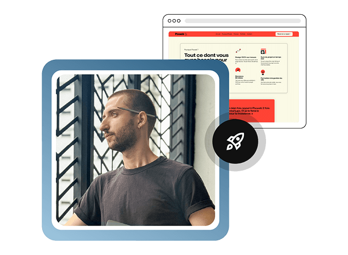 Profile of a man in a dark t-shirt staring out a window with a pencil behind his ear, dark rocket logo in the center and a browser overlay of his website in the top-right corner.