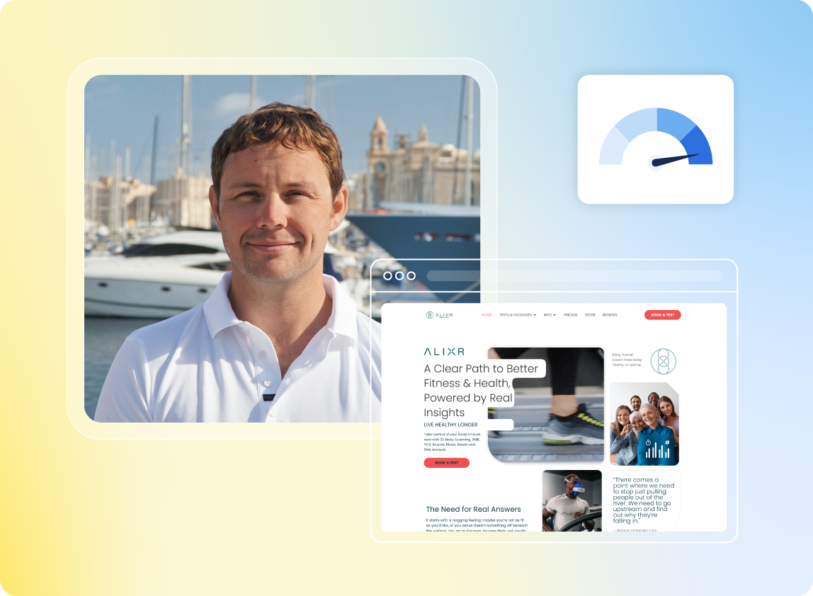 Customer testimonial featuring Justin Blackmore, a wellness and longevity coach, standing in front of a boat, wearing a white T-shirt, alongside a speed gauge indicator and a screenshot of his ALIXR website showcasing fitness and health content with the tagline, - " Clear Path to Better Fitness & Health, - Powered by Real Insights."