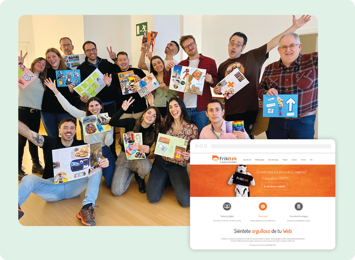 Un equipo feliz creando collages creativos, con una superposición de la página de inicio del sitio web de su agencia.