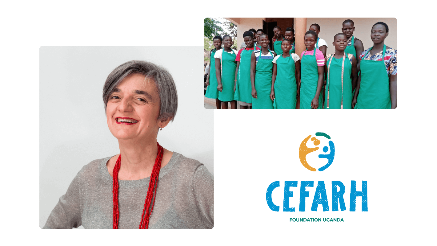 Ritratto di una donna dai capelli corti che sorride a sinistra; foto di bambini africani con grembiuli verdi che sorridono davanti a un edificio in alto a destra; nome e logo della Fondazione Cefarh per l'Uganda in basso a destra.