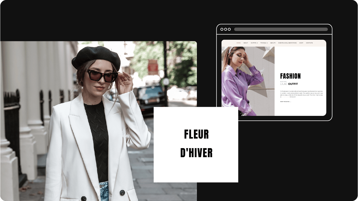 Giovane donna vestita con stile con un blazer bianco, un basco nero e occhiali da sole a guscio di tartaruga a sinistra; il logo della sua azienda, FLEUR D'HIVER, in un quadrato bianco al centro; sovrapposizione del browser del suo sito web in alto a destra.