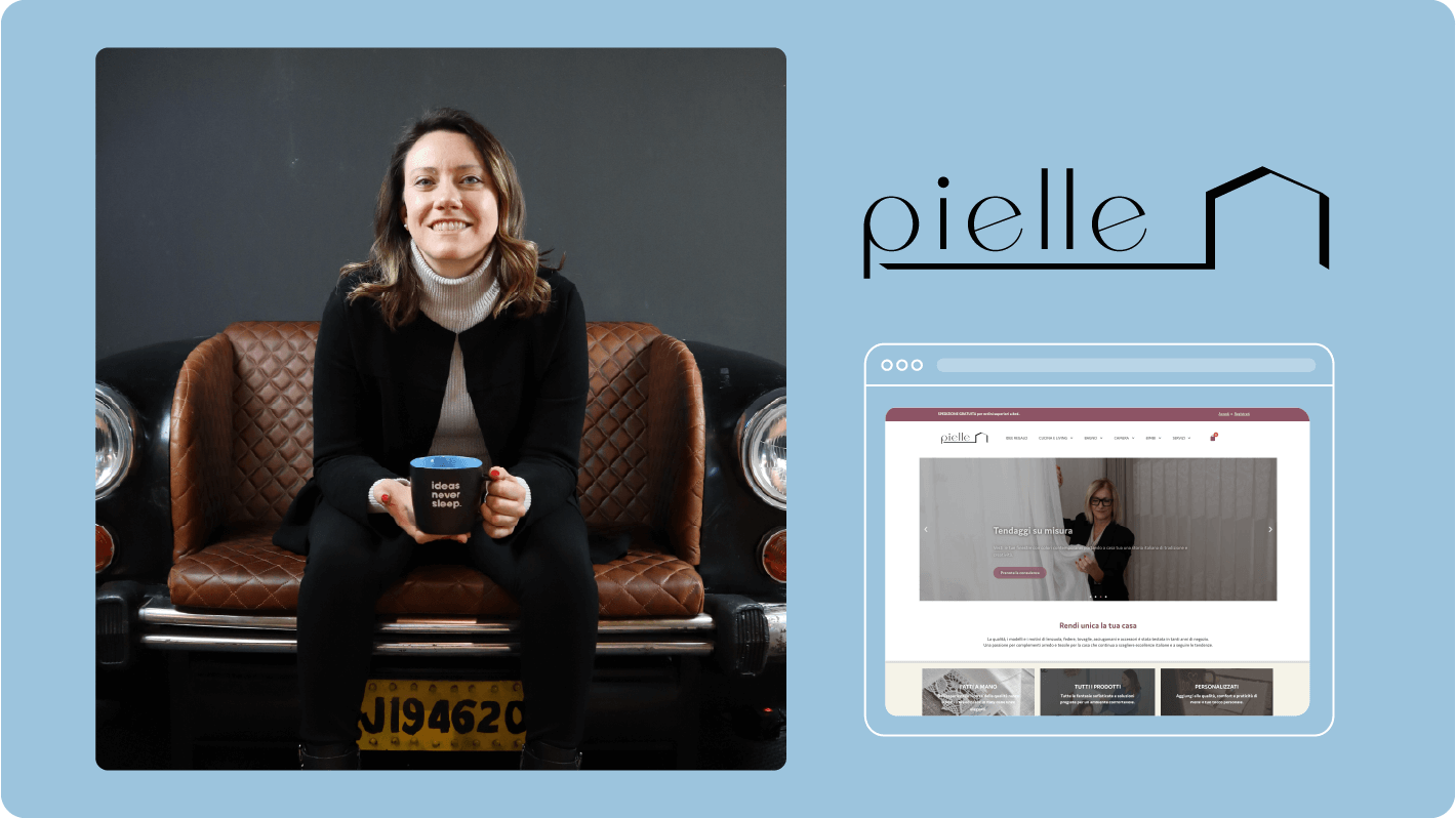 Una donna sorridente con capelli castani fino alle spalle seduta su un divano in pelle marrone trapuntato progettato per assomigliare al frontale di un'auto d'epoca. Indossa un cappotto nero sopra un dolcevita bianco e tiene una tazza nera con la scritta 'le idee non dormono mai.'