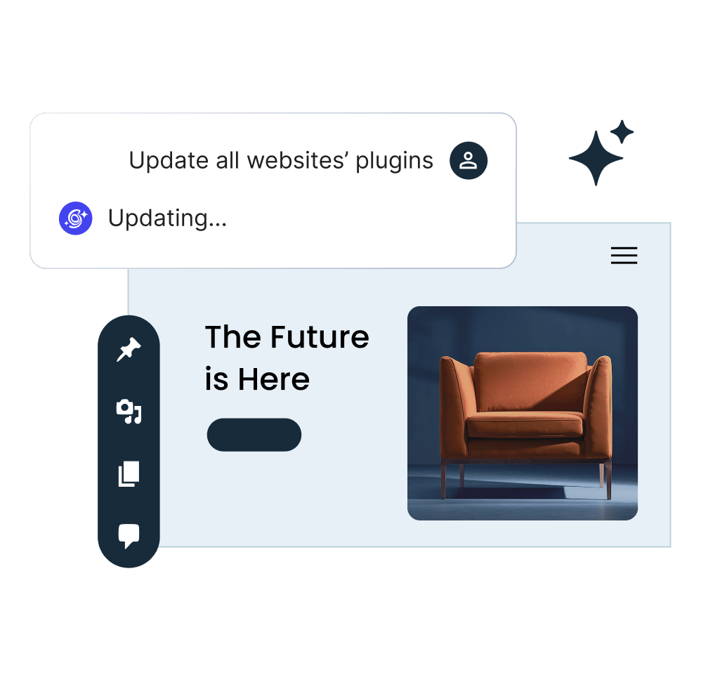 Une visualisation de l\'agent IA pour WordPress de SiteGround, exécutant une mise à jour groupée de plugins sur plusieurs sites web à l\'aide d\'une simple commande de chat