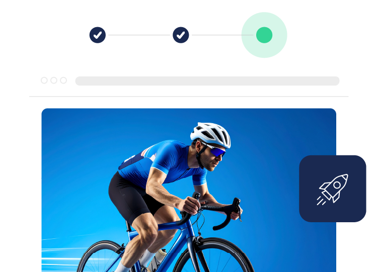 Un primer plano de una ventana del navegador mostrando un ciclista, con un icono de cohete indicando alta velocidad o rendimiento.