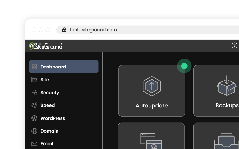 Primer plano del panel de control de hosting de SiteGround, Site Tools, centrándose en los iconos de las herramientas 