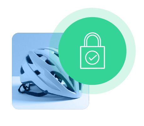 Un casco de bicicleta con una superposición circular verde que contiene un icono de candado, simbolizando la seguridad.
