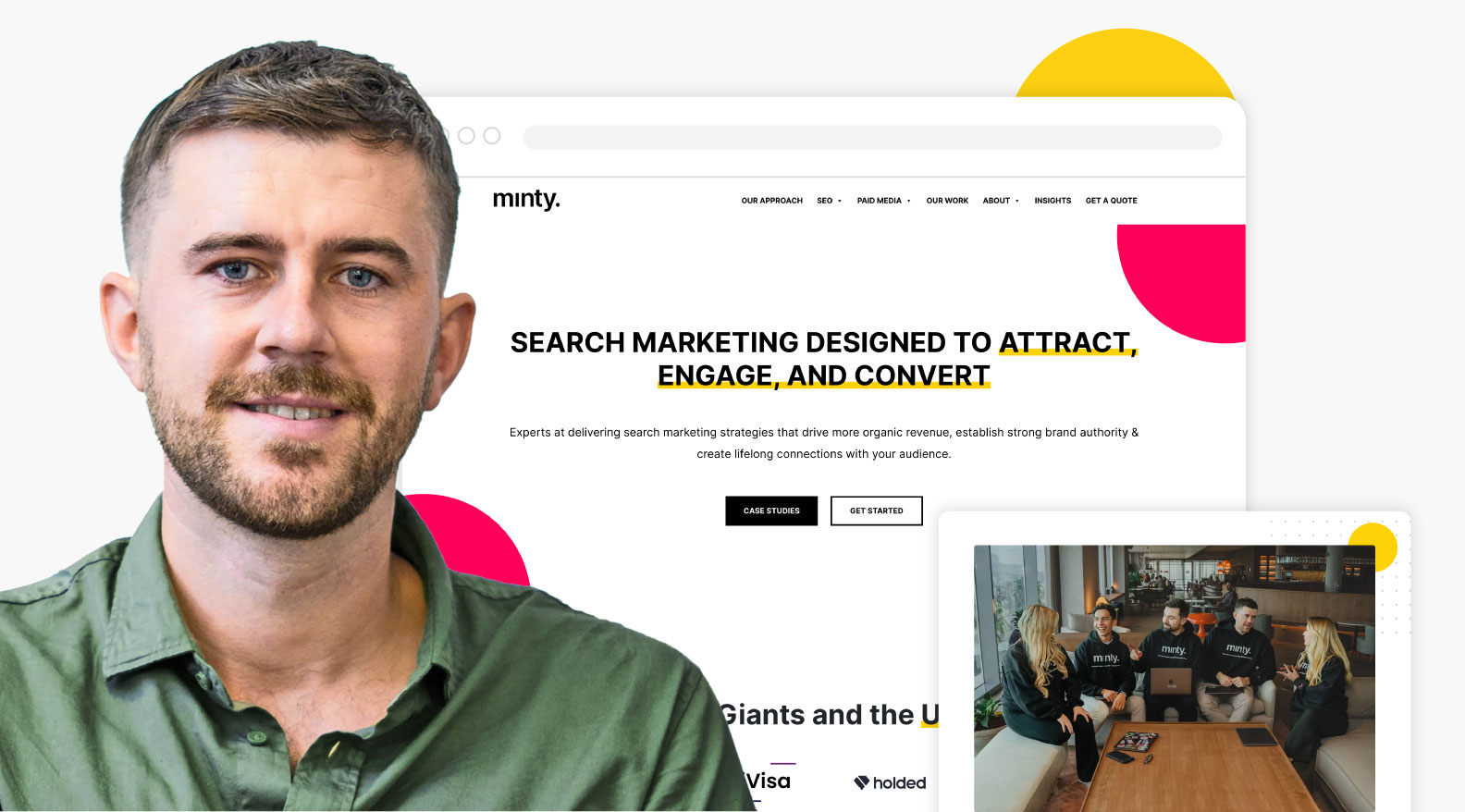 A man in a green shirt, with smaller images below showing his team and a browser overlay of his agency's website.