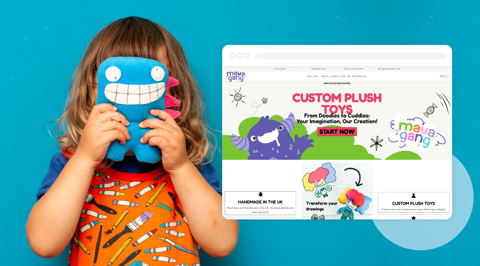 A child holding a blue stuffed toy that covers their face against a bright blue background.